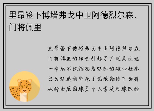 里昂签下博塔弗戈中卫阿德烈尔森、门将佩里 